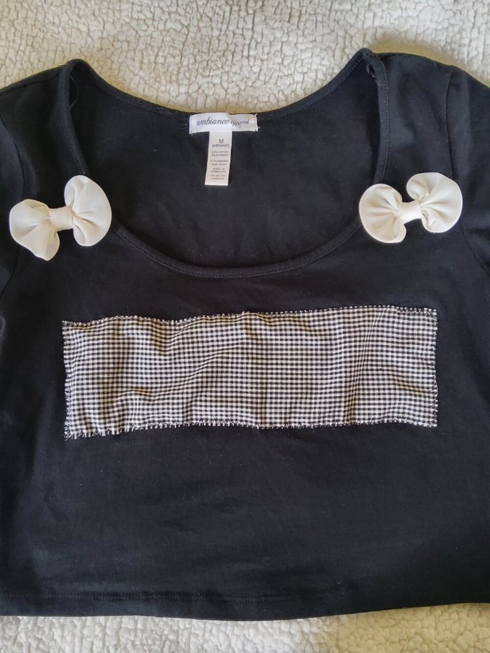 Upcycled Hand-Sewn Black Baby Tee Reworked Coquette Gingham & 3D Bow Crop Top